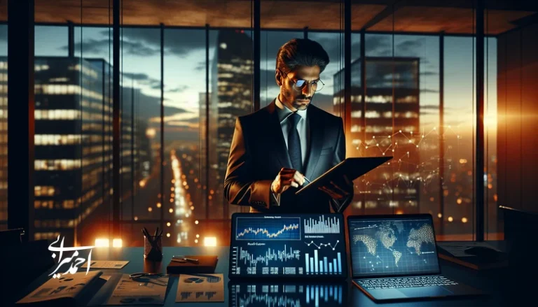 مدیر پرمشغله در حال تحلیل فرصت‌های سرمایه‌گذاری و بررسی نمودارهای ریسک و سناریو در محیط کاری