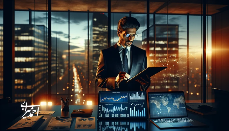 مدیر پرمشغله در حال تحلیل فرصتهای سرمایهگذاری و بررسی نمودارهای ریسک و سناریو در محیط کاری