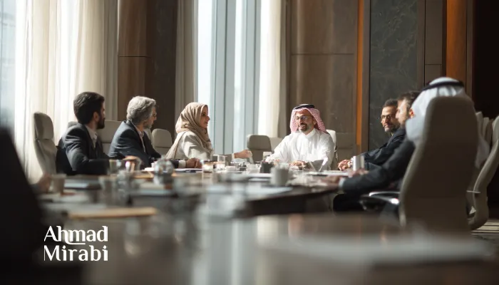 «اجتماع تفاوضي بين رجال أعمال عرب وإيرانيين في قاعة اجتماعات رسمية، يعكس ثقافة التفاوض القائمة على الحوار، بناء الثقة، واتخاذ القرارات المشتركة في بيئة أعمال احترافية.»