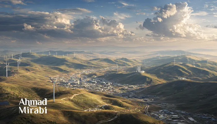 Wind energy infrastructure and sustainable urban development in Iran, symbolizing the country’s transition toward green industries.