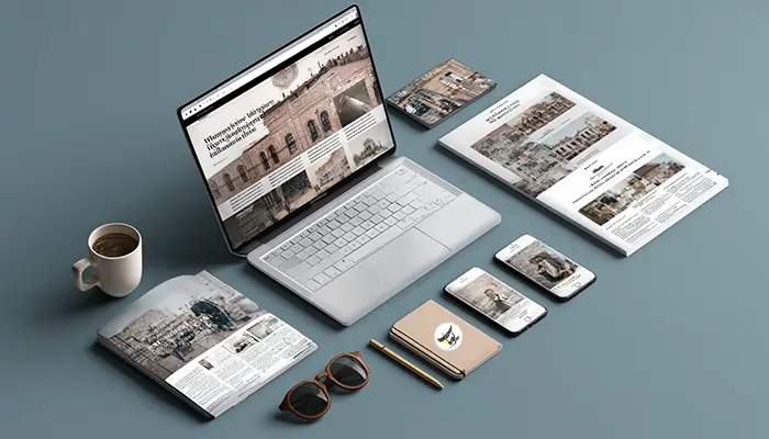 چیدمان یکپارچه هویت بصری مجله خاطرات شامل لپ‌تاپ، موبایل، تبلت و نسخه چاپی مجله با طراحی هماهنگ و مینیمال در پس‌زمینه ساده.