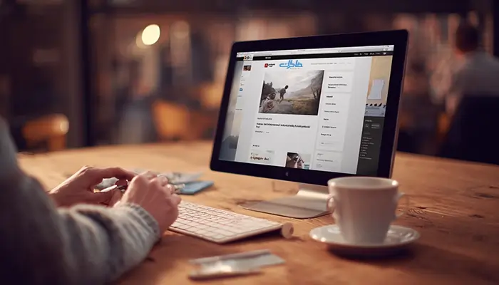 کاربر در حال کار با کامپیوتر رومیزی روی میز چوبی، نمایش وب‌سایت مجله خاطرات با تمرکز بر خواندن و ثبت محتوا، همراه با فنجان قهوه در فضایی گرم و واقعی.