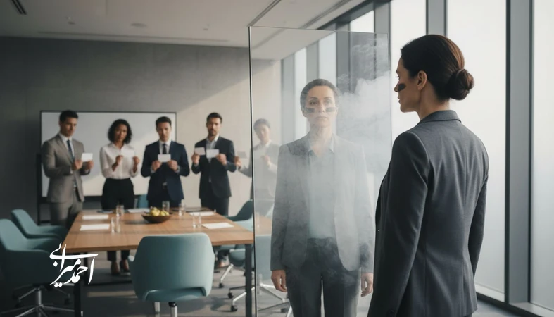 تصویر مفهومی از رهبر سازمانی و آینه‌ای با بخش‌های تار برای نمایش «نقطه کور» رهبران و نقش بازخورد ۳۶۰ درجه در افزایش اثرگذاری