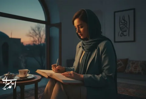 دختر جوان ایرانی در حال نوشتن نامه به خودش در دفترچه؛ تصویر مفهومی درباره خودگویی مثبت، خودشناسی و ساخت هویت پایدار