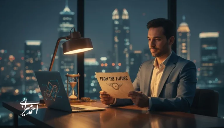 کارآفرین در حال خواندن نامه‌ای از آینده برای تصمیم‌گیری بلندمدت، مدیریت ریسک و ساخت برند پایدار