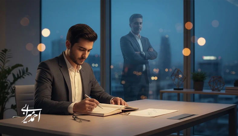 تصویر مفهومی نامه‌ای از آینده به پسر جوان امروز؛ تصمیم‌گیری آگاهانه، رشد فردی و ساخت برند شخصی در مسیر شغلی