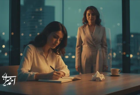 تصویر مفهومی زن جوان ایرانی در حال نوشتن نامه به دختر امروز با بازتاب آینده‌دار او؛ درباره آرامش، انتخاب آگاهانه و مسیر شغلی حرفه‌ای