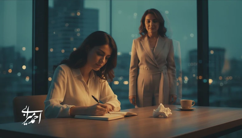 تصویر مفهومی زن جوان ایرانی در حال نوشتن نامه به دختر امروز با بازتاب آینده‌دار او؛ درباره آرامش، انتخاب آگاهانه و مسیر شغلی حرفه‌ای