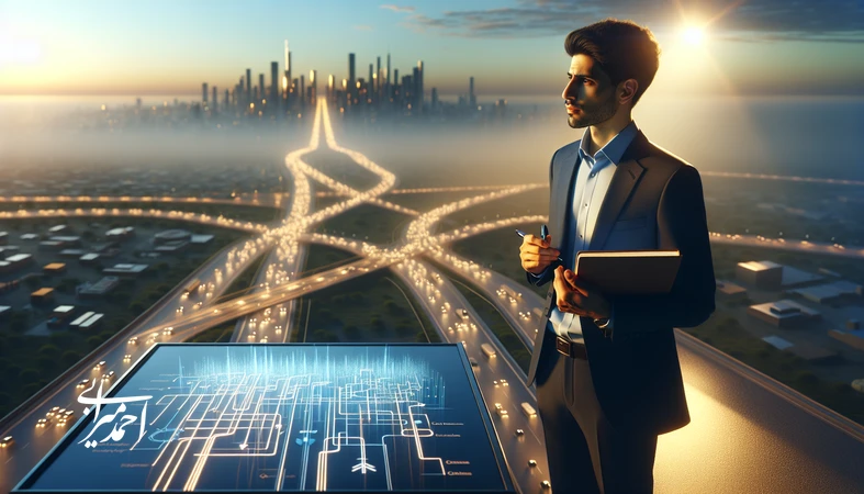 تصویر مفهومی یک پسر جوان ایرانی در دوراهی انتخاب مسیر شغلی و زندگی، نماد تصمیم‌گیری آگاهانه و ساخت آینده