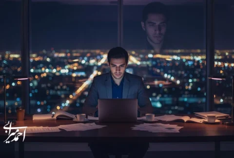 تصویر مفهومی از یک مرد جوان در محیط کاری که سکوت احساسی و فشار روانی را تجربه می کند؛ مرتبط با تصمیم گیری مدیریتی و تاب آوری حرفه ای