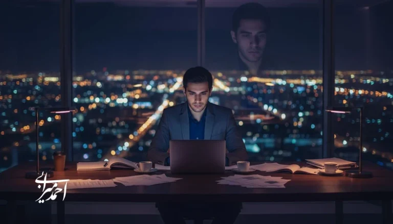 تصویر مفهومی از یک مرد جوان در محیط کاری که سکوت احساسی و فشار روانی را تجربه می کند؛ مرتبط با تصمیم گیری مدیریتی و تاب آوری حرفه ای