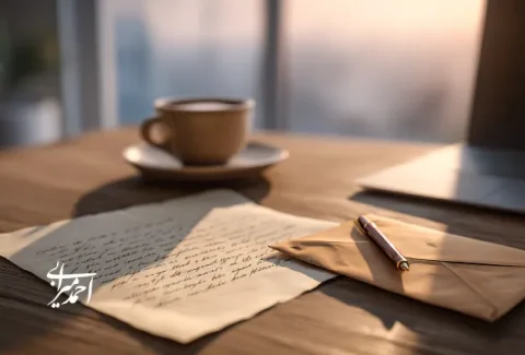 نامه‌ای دست‌نویس روی میز چوبی کنار پاکت و خودکار، با فنجان قهوه و لپ‌تاپ در پس‌زمینه‌ای با نور گرم عصرگاهی که حس تأمل، نوشتن و تصمیم‌گیری آرام را القا می‌کند.