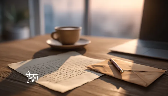 نامه‌ای دست‌نویس روی میز چوبی کنار پاکت و خودکار، با فنجان قهوه و لپ‌تاپ در پس‌زمینه‌ای با نور گرم عصرگاهی که حس تأمل، نوشتن و تصمیم‌گیری آرام را القا می‌کند.