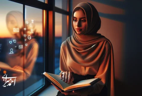 دختر جوان ایرانی کنار پنجره با دفتر یادداشت؛ نمادی از خستگی از مقایسه اجتماعی و بازگشت به خودشناسی و عزت‌نفس