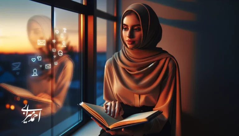 دختر جوان ایرانی کنار پنجره با دفتر یادداشت؛ نمادی از خستگی از مقایسه اجتماعی و بازگشت به خودشناسی و عزت‌نفس