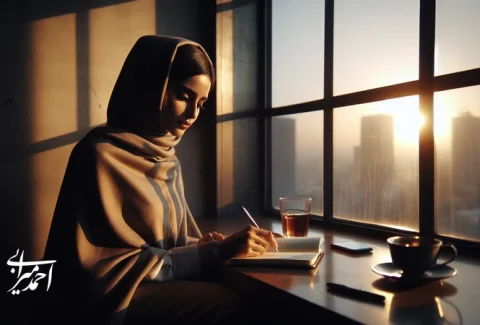 تصویر مفهومی دختر جوان ایرانی در حال نوشتن در دفترچه کنار پنجره؛ نماد شک به خود، عزت‌نفس سالم و مسیر رشد فردی