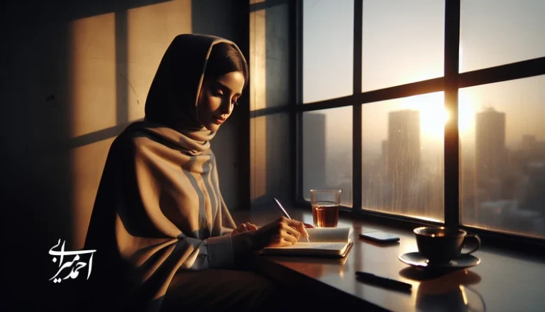 تصویر مفهومی دختر جوان ایرانی در حال نوشتن در دفترچه کنار پنجره؛ نماد شک به خود، عزت‌نفس سالم و مسیر رشد فردی