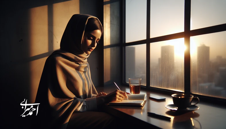 تصویر مفهومی دختر جوان ایرانی در حال نوشتن در دفترچه کنار پنجره؛ نماد شک به خود، عزت‌نفس سالم و مسیر رشد فردی