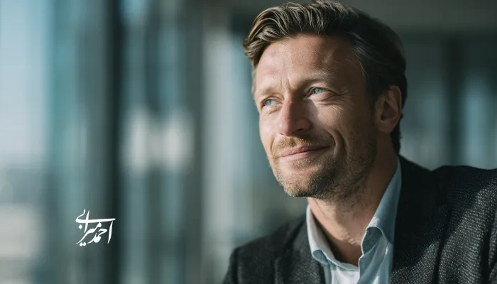 تصویر یک مدیر جوان که به بیرون از پنجره نگاه میکند