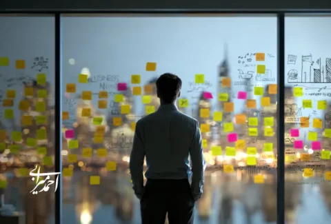 مدیری از پشت‌سر مقابل شیشه‌ای پر از یادداشت‌های چسبان و طرح‌های نمودار ایستاده و به منظره شهر در پس‌زمینه نگاه می‌کند؛ فضایی مرتبط با برنامه‌ریزی، تصمیم‌گیری و استراتژی کسب‌وکار.