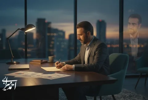 مدیر در حال نوشتن نامه به خود گذشته؛ تصویر مفهومی درباره تصمیم گیری مدیریتی و بلوغ در مدیریت کسب و کار