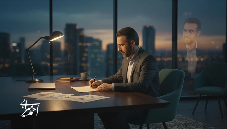 مدیر در حال نوشتن نامه به خود گذشته؛ تصویر مفهومی درباره تصمیم گیری مدیریتی و بلوغ در مدیریت کسب و کار