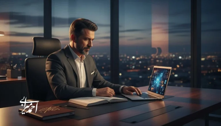 مدیر در حال نوشتن نامه‌ای به گذشته و بازنگری تصمیم‌های مدیریتی برای بهبود رهبری، برند و رشد کسب‌وکار