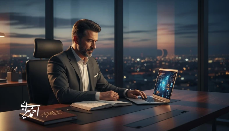 مدیر در حال نوشتن نامهای به گذشته و بازنگری تصمیمهای مدیریتی برای بهبود رهبری، برند و رشد کسبوکار