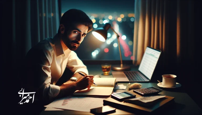 کارآفرین خسته اما امیدوار در حال تصمیم‌گیری و ارزیابی واقع‌بینانه وضعیت کسب‌وکار پشت میز کار