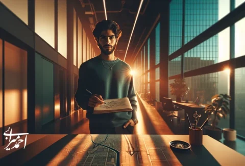 تصویر مفهومی از یک جوان ایرانی در حال تصمیم‌گیری برای پیدا کردن مسیر شغلی حرفه‌ای و انتخاب آینده کاری