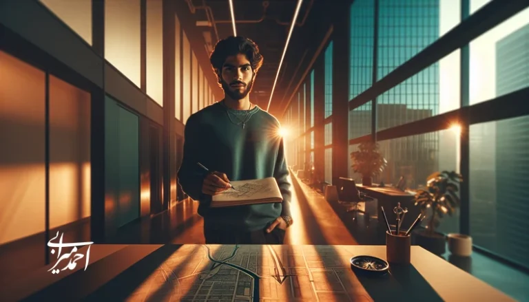 تصویر مفهومی از یک جوان ایرانی در حال تصمیم‌گیری برای پیدا کردن مسیر شغلی حرفه‌ای و انتخاب آینده کاری