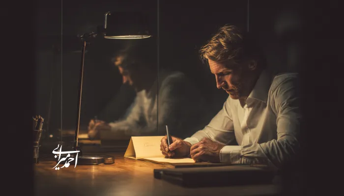 مدیری ارشد در فضایی آرام و کم‌نور، پشت میز نشسته و در حال نوشتن نامه‌ای دست‌نویس است؛ انعکاس چهره او در شیشه، گفت‌وگویی درونی و بازنگری در تصمیم‌های گذشته را تداعی می‌کند.