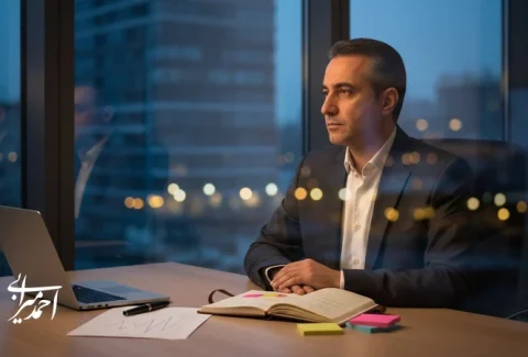 مدیر در حال بازخوانی تصمیم های گذشته و تحلیل تصمیم گیری بهتر در فضای کاری مدرن