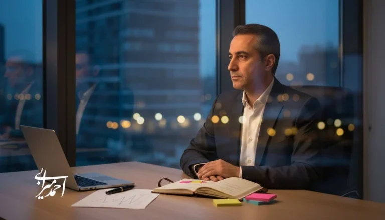 مدیر در حال بازخوانی تصمیم های گذشته و تحلیل تصمیم گیری بهتر در فضای کاری مدرن