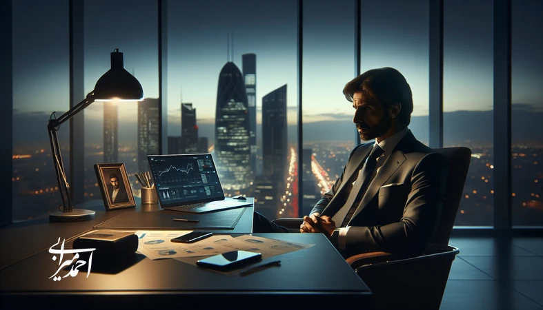 مدیر ایرانی در دفتر کار هنگام غروب با نشانه‌های تعارض کار و زندگی؛ نامه‌ای درباره تعادل کار و زندگی مدیران، فرسودگی شغلی و مرزبندی سالم