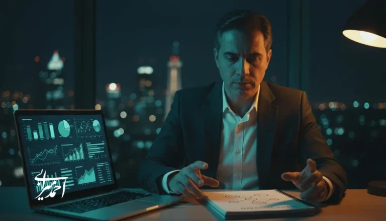 تعادل بین کار معنادار و فشار عملکرد؛ مدیر در محیط کاری با نمودارهای KPI و نقشه اثرگذاری