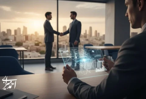 تصویر مفهومی از مشاور املاک حرفه‌ای در حال تحلیل داده‌ها برای ساخت برند شخصی ماندگار و جلب اعتماد مشتری