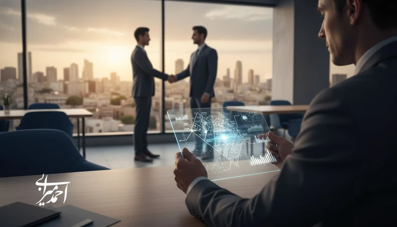تصویر مفهومی از مشاور املاک حرفه‌ای در حال تحلیل داده‌ها برای ساخت برند شخصی ماندگار و جلب اعتماد مشتری