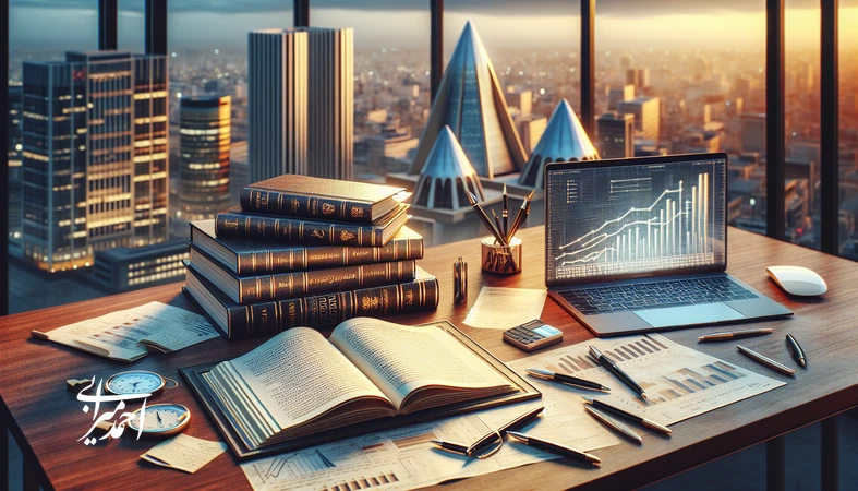 تصویر مفهومی از خلاصه کتاب‌های مدیریتی برای مدیران ایرانی؛ میز کار مدیر با کتاب‌های مدیریت و نمودارهای تحلیلی برای تصمیم‌گیری
