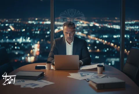 مدیری که در دفتر کار در شب تنها نشسته و فشار پنهان رهبری و ماسک قدرت را تجربه می‌کند؛ تصویر مفهومی برای نامه‌ای سرگشاده به مدیران همیشه قوی