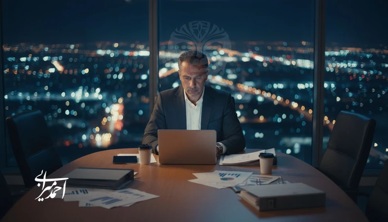 مدیری که در دفتر کار در شب تنها نشسته و فشار پنهان رهبری و ماسک قدرت را تجربه می‌کند؛ تصویر مفهومی برای نامه‌ای سرگشاده به مدیران همیشه قوی