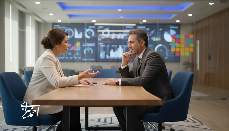 تصویر مفهومی از کوچینگ عملکرد برای مدیران در جلسه حرفه‌ای با تمرکز بر تصمیم‌گیری، پیگیری و بهبود بهره‌وری