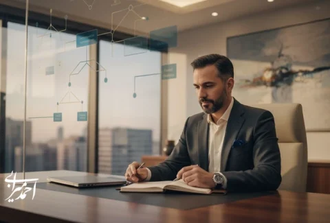 مدیر در حال تصمیم‌گیری در محیط کاری؛ تصویر مفهومی درباره توسعه فردی مدیران، نفوذ و بهبود عملکرد رهبری