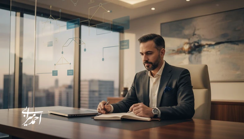 مدیر در حال تصمیم‌گیری در محیط کاری؛ تصویر مفهومی درباره توسعه فردی مدیران، نفوذ و بهبود عملکرد رهبری