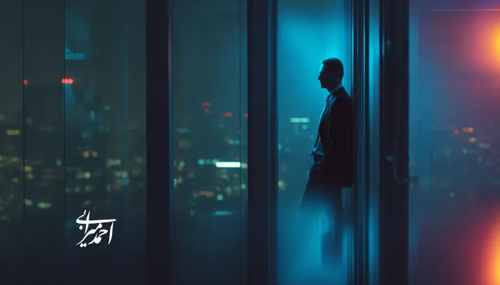 مدیرعاملی تنها در دفتر کار در شب، ایستاده کنار پنجره با نمایی از چراغ‌های شهر، غرق در فکر و تصمیم‌گیری دشوار، نمادی از فشار مدیریتی، خودآگاهی و نقش توسعه فردی مدیران در لحظه‌های حساس تصمیم‌سازی.