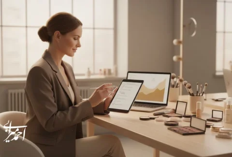 متخصص آرایش در حال برنامه‌ریزی و توسعه فردی با تمرکز بر تجربه مشتری و استفاده از ابزارهای دیجیتال در سالن زیبایی