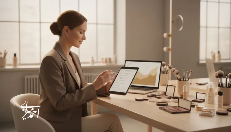 متخصص آرایش در حال برنامه‌ریزی و توسعه فردی با تمرکز بر تجربه مشتری و استفاده از ابزارهای دیجیتال در سالن زیبایی