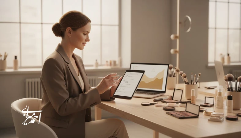 متخصص آرایش در حال برنامه‌ریزی و توسعه فردی با تمرکز بر تجربه مشتری و استفاده از ابزارهای دیجیتال در سالن زیبایی