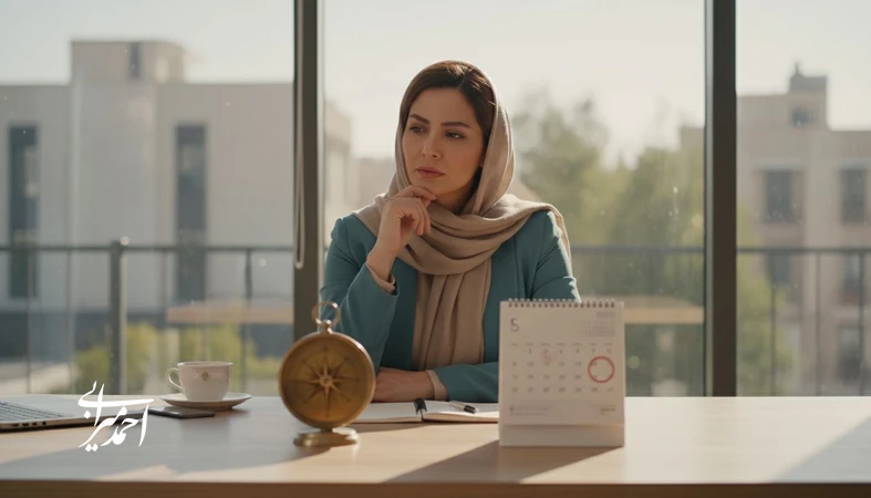 مدیر در حال تصمیم گیری روزمره با قطب نما و تقویم؛ تصویر مفهومی تبدیل ماموریت شخصی به انتخاب های عملی