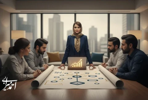 جلسه تیم مدیریتی برای ساخت برند قدرتمند و تمایزساز در کسب‌وکار با نقشه استراتژی برند و تحلیل رشد